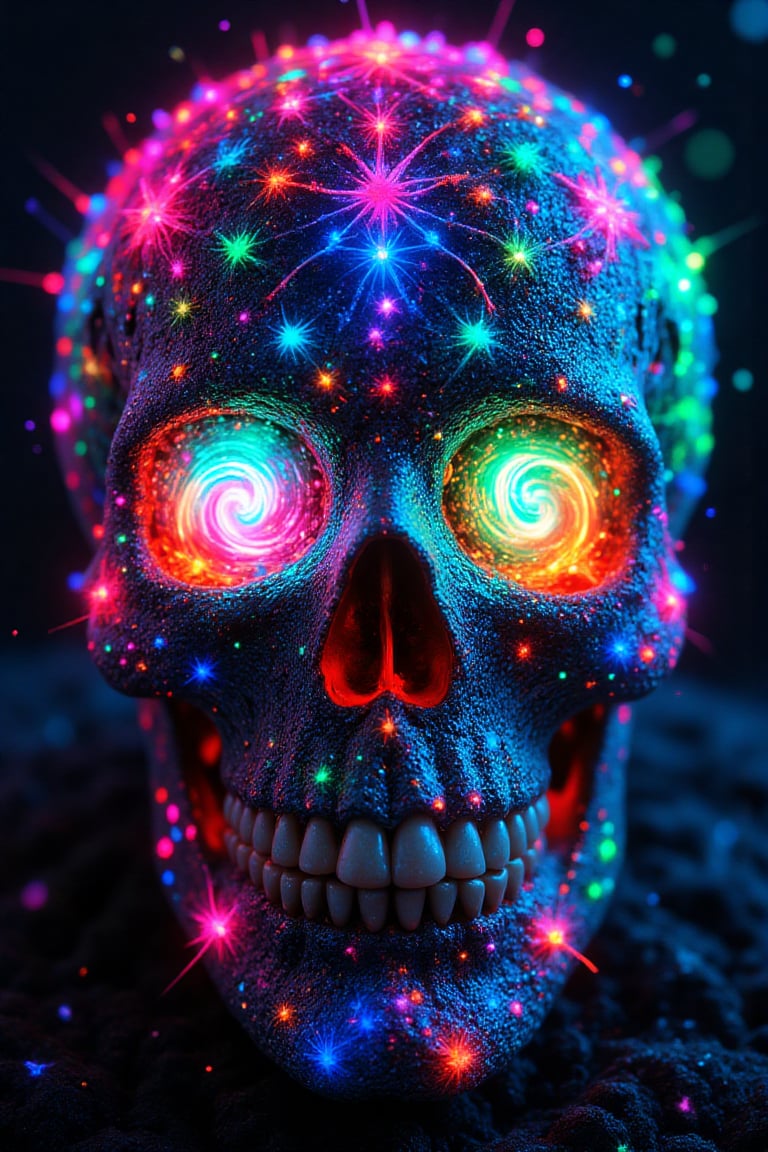 A close-up of a vivid sugar skull with neon pinks, electric blues, and striking lime greens. The skull’s eye sockets glow with spirals of rainbow-colored lights, 