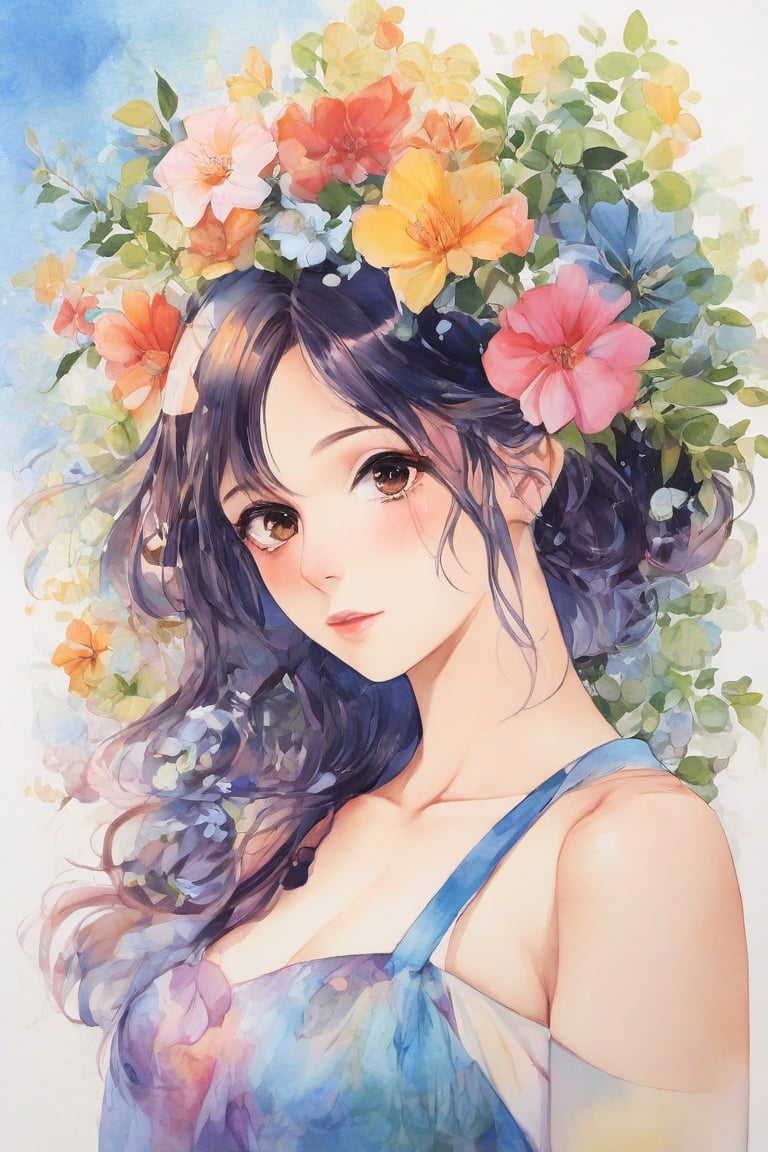 anime, A very detailed watercolor painting, Has flowers that are reminiscent of summer, Depicting a beautiful woman with flowers in her hair
