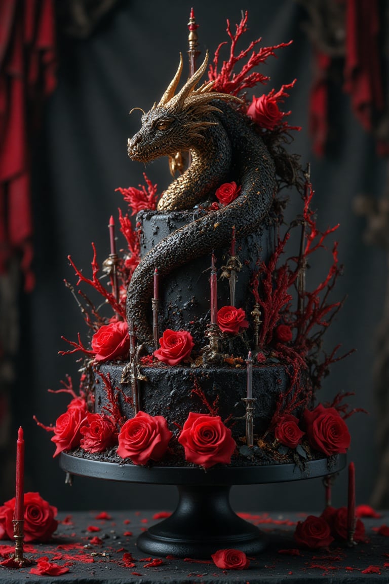 Gothicpunk multi tiered, black velvet cake, golden black dragon on top, red and black swords surrounding the dragon black icing, candles in the shape of swords, red roses, ultra HD, magical realism, ultra fine details, cinematic, fantasycore, volumetric lighting, epic composition, grimdark, ,breathtaking borderland fantasycore artwork by Android Jones, Jean Baptiste monge, Alberto Seveso, James Jean, Jeremy Mann, maximalist highly detailed and intricate professional photography, a masterpiece, 8k resolution concept art