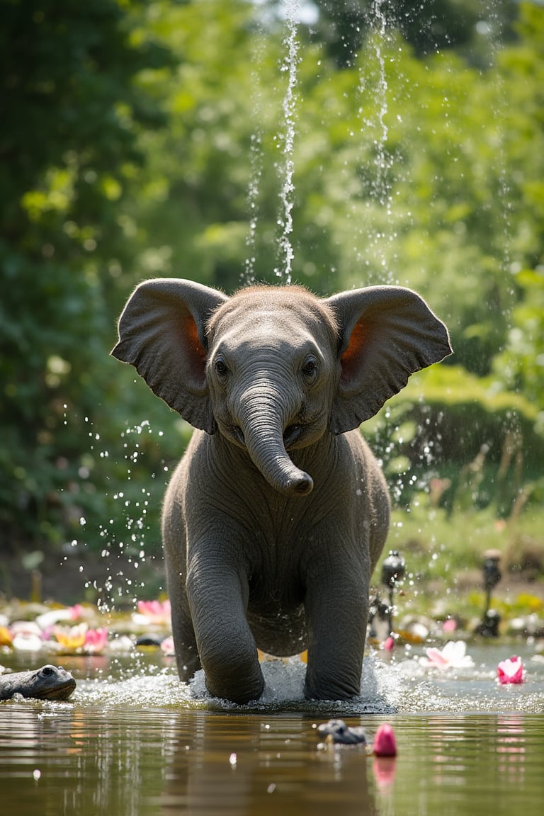 A hyper-realistic portrait, photorealistic photo close-up image of A baby elephant, with soft gray skin and oversized ears that flap with each step, splashes joyfully in a shallow pond beneath a canopy of lush, green trees. The elephantâs trunk squirts water into the air, creating a sparkling fountain that catches the sunlight and sends rainbows dancing across the scene. Nearby, a family of frogs watches from the edge of the pond, croaking in rhythm as the elephant continues to play. The pond is surrounded by tall reeds and blooming water lilies, their petals gently swaying in the breeze. The elephantâs little tail wiggles with excitement as it stomps its feet in the water, sending ripples across the pondâs surface. The air is filled with the sounds of splashing water and the happy trumpeting of the tiny elephant, creating a scene of pure, innocent joy. The baby elephant, with its playful nature and charming demeanor, brings a sense of happiness and wonder to this peaceful, natural setting. (photography, high-resolution, dynamic, energetic,hyper-realistic, dramatic lighting, shallow depth of field.), 