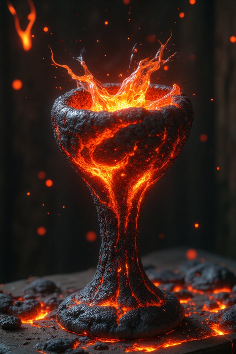 A hyper-realistic portrait, photorealistic photo close-up image of A chalice forged from molten lava, its surface perpetually shifting and flowing like a living, fiery river. The body of the chalice is smooth, with glowing orange and red patterns resembling ancient runes, constantly appearing and disappearing as the lava moves. The rim is edged with a blackened, obsidian-like material that contrasts sharply with the molten liquid within. Inside the chalice, a swirling vortex of liquid fire dances, its heat palpable even from a distance. The base is heavy, with veins of glowing magma coursing through the stone, grounding the otherwise fluid object in the physical world. The chalice stands on a wooden medieval table (photography, high-resolution, dynamic, energetic,hyper-realistic, dramatic lighting, shallow depth of field.)