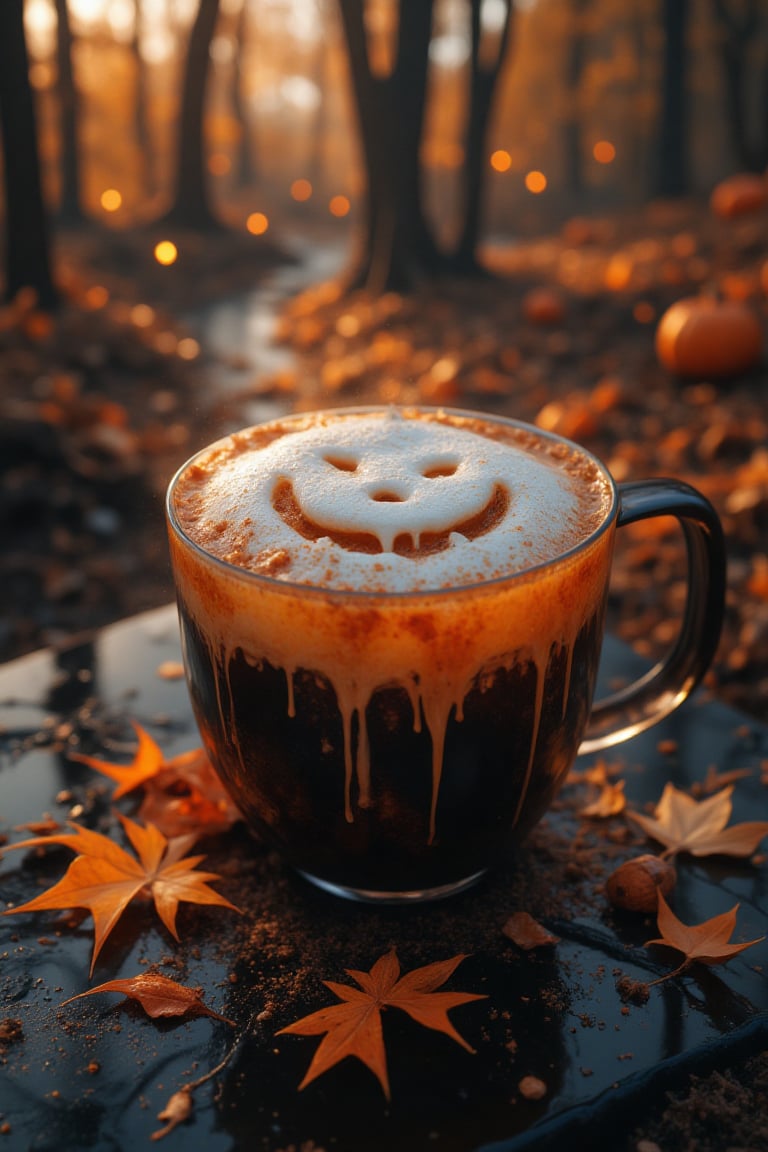 A steaming pumpkin spice latte, but the surface foam swirls into the shape of a perfectly carved jack-o'-lantern face. Look closer, and the foam's delicate texture subtly ripples as if the jack-o'-lantern is alive, with its grin slowly widening. Tiny, near-invisible ghost faces appear in the cinnamon dust, vanishing when you blink. The cream spills over the cup, and as it trickles down, small pumpkin vines and tendrils appear to grow from the liquid. The cup’s surface is cracked in the shape of a spiderweb, with delicate reflections of the moon caught in the glazing. In the background, a soft-focus autumn forest with fallen leaves transitions into a shadowy landscape, with one or two distant, flickering jack-o'-lanterns nestled in the dark