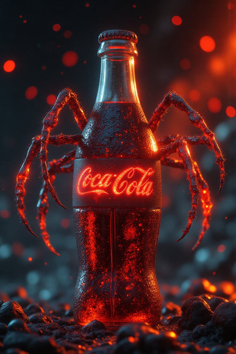 A hyper-realistic portrait, photorealistic photo close-up image, Image is a creepy, sinister yet adorable cute fantasy digital illustration featuring a semi  realistic glowing Coca-Cola bottle with Spider features, including Spider arms attached to the sides. The texture of the bottle should resemble crow scales,. The background should have a fiery ambiance to complement the Spider theme, with the text "The Spider" included in the composition. (photography, high-resolution, dynamic, energetic,hyper-realistic, dramatic lighting, shallow depth of field.)