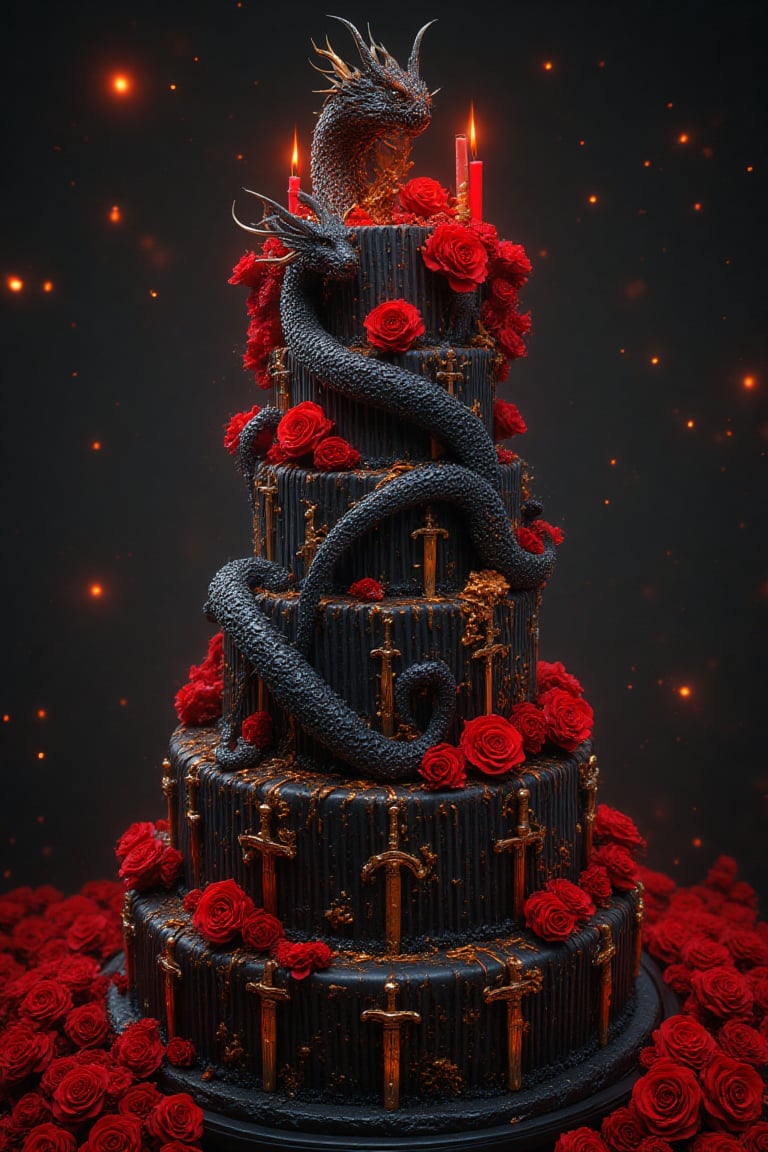 Gothicpunk multi tiered, black velvet cake, golden black dragon on top, red and black swords surrounding the dragon black icing, candles in the shape of swords, red roses, ultra HD, magical realism, ultra fine details, cinematic, fantasycore, volumetric lighting, epic composition, grimdark, ,breathtaking borderland fantasycore artwork by Android Jones, Jean Baptiste monge, Alberto Seveso, James Jean, Jeremy Mann, maximalist highly detailed and intricate professional photography, a masterpiece, 8k resolution concept art