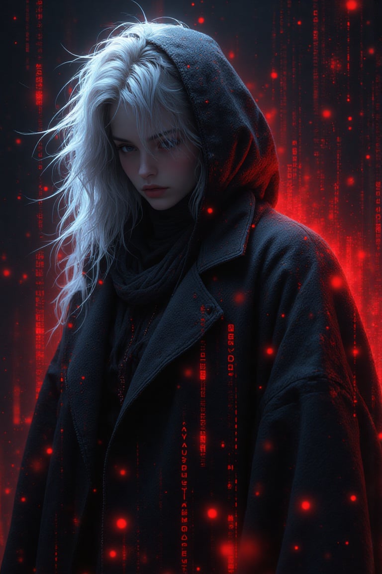 Photorealistic photography of a cyberpunk woman hacker, a hooded figure with white hair, surrounded by floating red digital code, in a dark, futuristic setting. aidmaimageupgrader, aidmaMJ6.1m, detailmaximizer, mythp0rt      