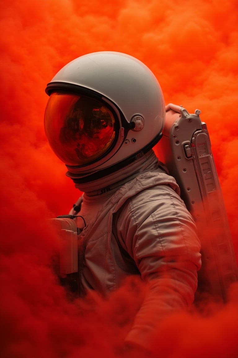 anhei,This is a very detailed digital artwork in a dark fantasy style,An astronaut standing amidst dense red smoke,framed by a vivid orange backdrop. Close-up shot,focusing on the helmet's reflection of the surrounding red hues. The scene creates a surreal atmosphere,with dynamic,thick clouds of smoke swirling around. The astronaut's spacesuit has detailed,realistic textures,contrasting with the chaotic flow of the smoke. The colors are primarily bright orange and deep red,with a dark grey background. Highly realistic,with intricate reflections in the helmet and sharp contrast between the smooth surface of the spacesuit and the voluminous clouds.,