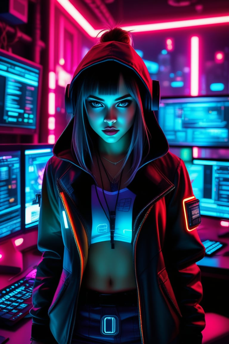 Cyberpunk Hacker Girl: neon-lit room, glowing screens, futuristic attire, sci-fi, cyber elements, digital interface, intense expression, tech-savvy, high-tech gadgets