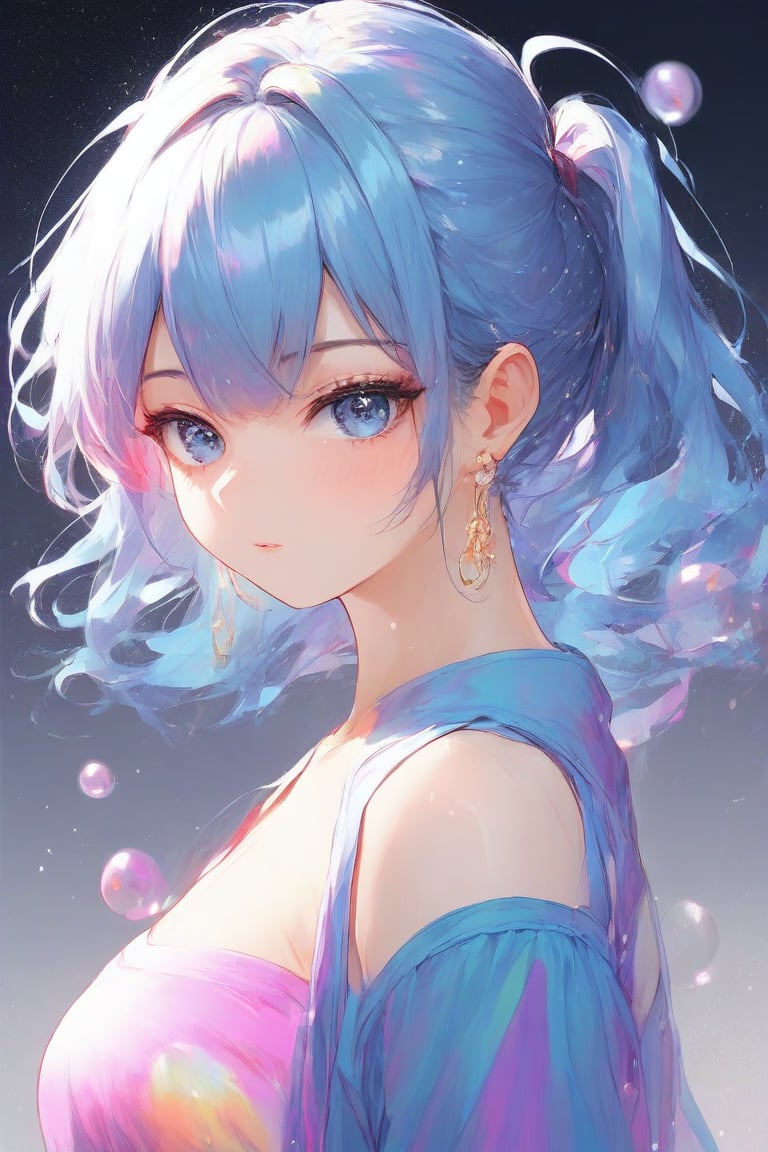 anime,(Masterpiece), (Best Quality), (Super Detail), (disheveled Hair), (Illustration), (One Girl), (Fashionable Clothes), Standing, Fashion Model, Beholder, (Interview), (Simple Background), Finely Beautiful Eyes, Delicate Beautiful Face, Floating, (High Saturation), (Colorful Splash), Colorful Bubble, (Shine), Focus on the Face, Ponytail, Light Blue Hair, Bangs, Hair Rings, Floating Flowers, Floating Hairs, (Shining), Best Lighting, Best Shadows

