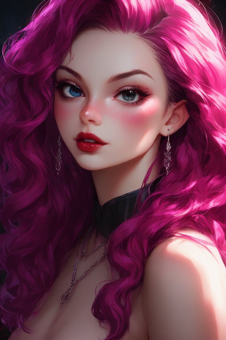 anime, Stunning Overdetailed masterpiece, Marc Silvestri style, Victoria Frances style, manga style, mixed with dark elements, high resolution, vibrant colors, realistic skin, fantasy, Digital painting of a beautiful fuchsia curly extreamly long hair goth girl, Her eyes are big and round, voluminous lips,
