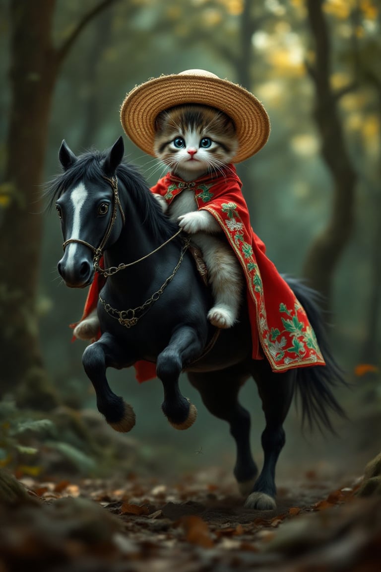 Cute kitten riding a big black vaulting horse,  closed: straw hat,  red and green embroidered Chinese cloak by Shopon_skp...
