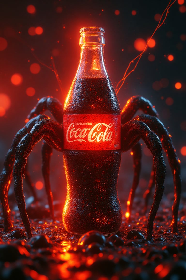 A hyper-realistic portrait, photorealistic photo close-up image, Image is a creepy, sinister yet adorable cute fantasy digital illustration featuring a semi  realistic glowing Coca-Cola bottle with Spider features, including Spider arms attached to the sides. The texture of the bottle should resemble crow scales,. The background should have a fiery ambiance to complement the Spider theme, with the text "The Spider" included in the composition. (photography, high-resolution, dynamic, energetic,hyper-realistic, dramatic lighting, shallow depth of field.)