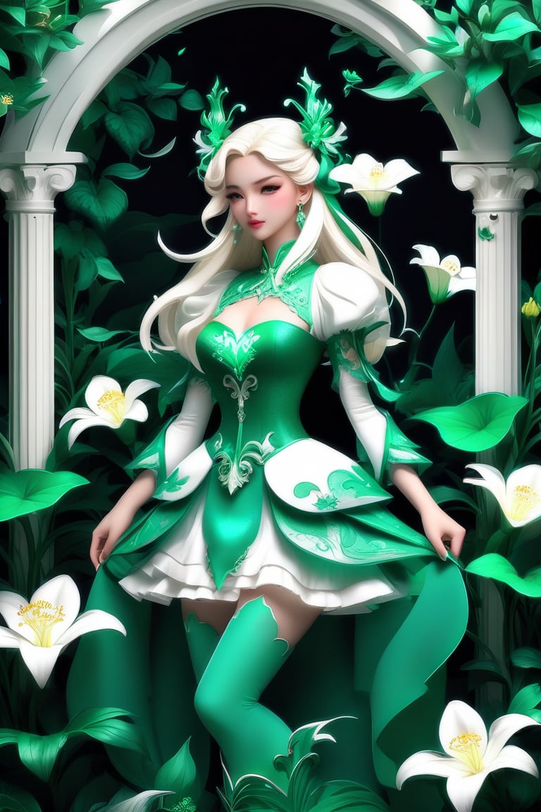 Brian Jungen (Brian Jungen) styled,double contact,（Girl with lilies all over her body and head）,emerald and white,,Rendered by Octane,unreal-engine,Rococo paper cutting,Fantasyart,Surreal
