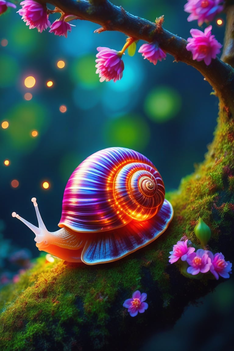 Mystical Encounter: A snail perches on a moss-covered tree branch,  its iridescent shell glowing with an ethereal light. V...