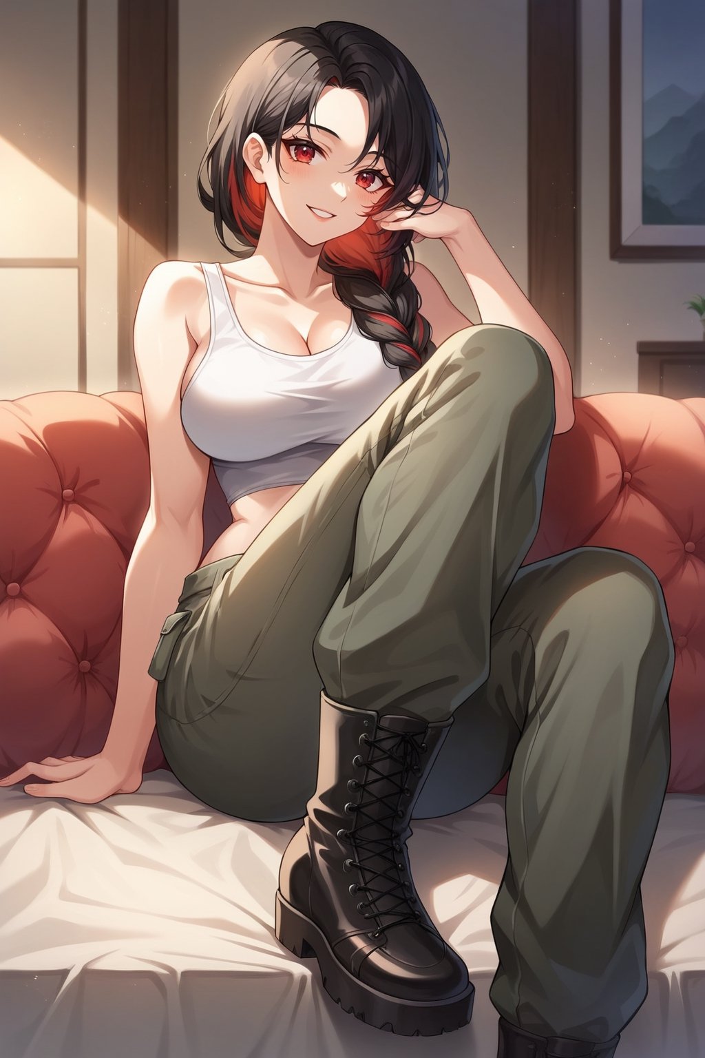 score_9, score_8_up, score_7_up, souce_anime, rating_safe, masterpice, 1 girl, red eyes, black hair, red highlights in hair, braided ponytail, beautiful body, beautiful hands, sexy body, big boobs, thick thighs, big ass, white tank top, gray military cargo pants, leather boots, front view, sitting on the sofa, dinamic angle, happy expression, indoors, fire station living room, beautiful background