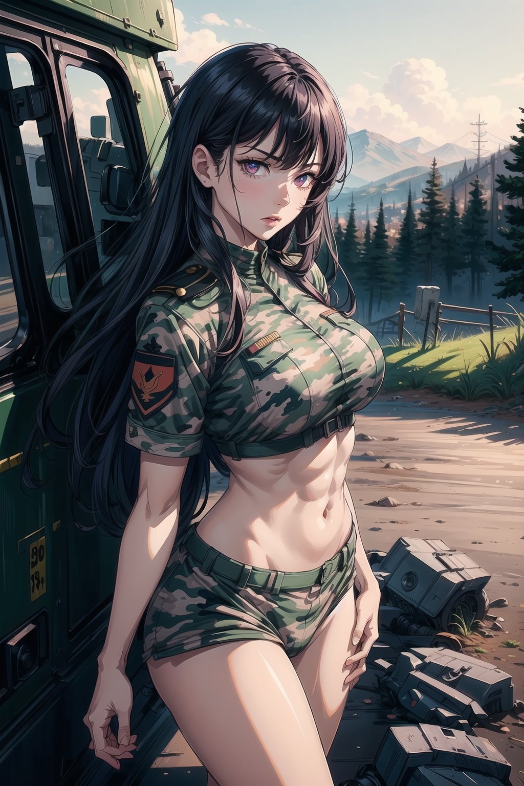 1girl, {hot Girl}, (anime, 8k, masterpiece, top quality, best quality, beautiful and aesthetic, professional illustrasion, ultra detail, perfect lighting, perfect shading, perfect sharpness), {(black hair, long hair, beautiful hair, detailed hair)}, {(pink eyes, detailed eyes, beautiful eyes)}, {(detailed face, detailed nose, detailed mouth, pretty face)}, {(muscular and sensual body, perfect body, perfect arms, perfect hands, perfect legs, detailed body, beautiful body)}, big boobs, detailed boobs, detailed pussy, detailed ass, {(wearing a camouflage army sergeant's uniform)}, {(standing, face slightly flushed, serious and sensual expression)}, {(landscape of a military camp)}, {(very beautiful landscape, high quality landscape)}