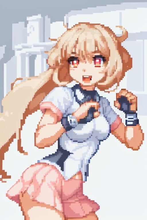 A girl alone, pixel art style, in a fighting position, looking to the right, with her body looking straight ahead