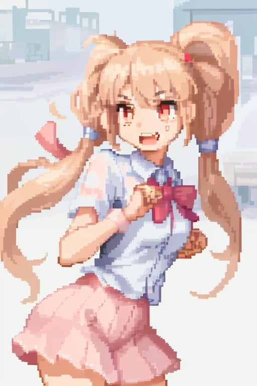 A girl alone, pixel art style, in a fighting position, looking to the right, with her body looking straight ahead