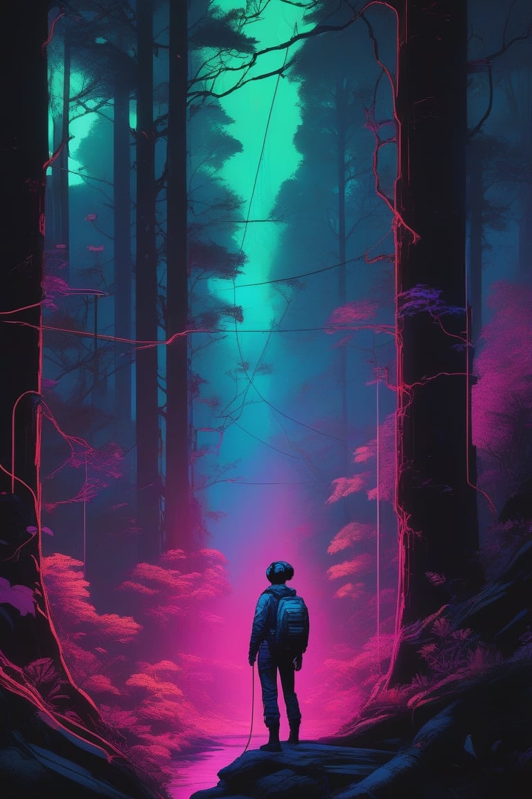 (masterpiece,best quality, ultra realistic, RAW photo),vaporwave style, retro aesthetic, cyberpunk, vibrant, neon colors, vintage 80s and 90s style, highly detailed, analog film photo 1 6 mm, film, a non - binary vr musician plugging cables into trees in a mystical glowing forest in the style of artgerm, charlie bowater, atey ghailan and mike mignola, vibrant colors and hard shadows and strong rim light, perfect details, comic cover art, trending on artstation, 3 d render, smooth render, wlop . faded film, desaturated, 35mm photo, grainy, vignette, vintage, Kodachrome, Lomography, stained, highly detailed, found footage