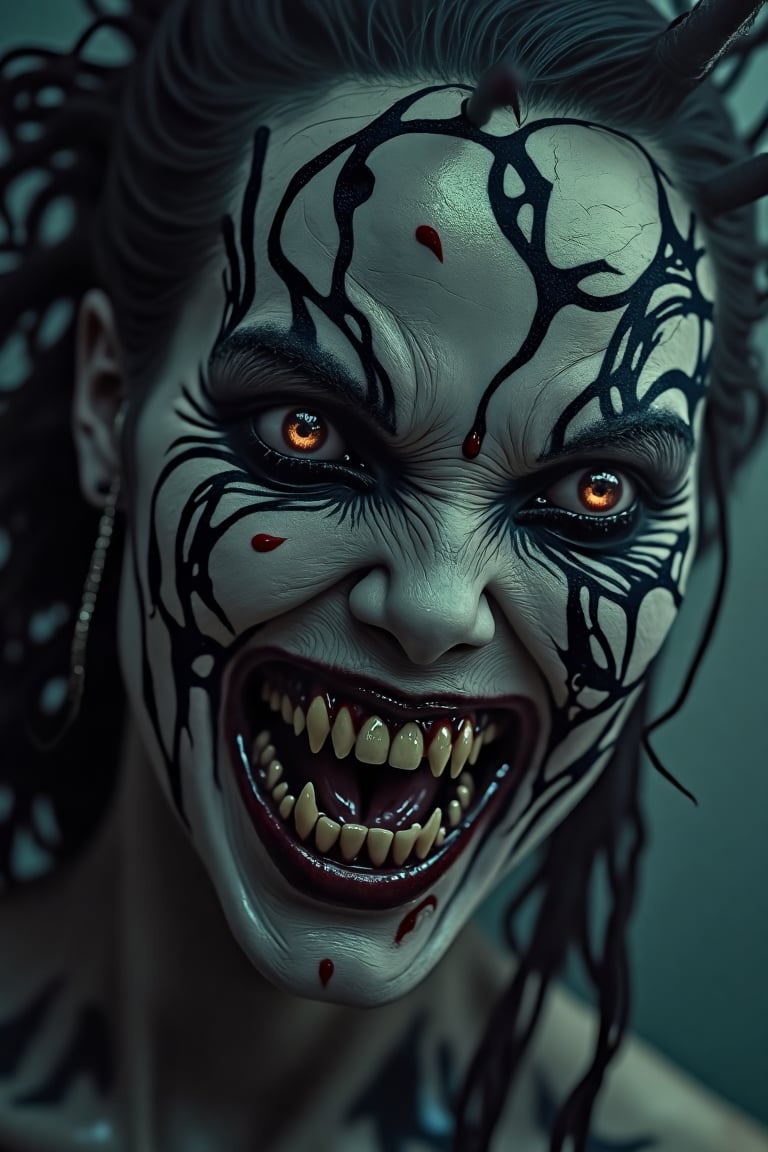 "Generate a close-up image of Mamonaku, the menacing shadow demon from Japan. Capture her unsettlingly wide grin, showcasing her pitch-black eyes with iridescent swirling patterns. Her ghostly pale skin is adorned with dark, intricate tattoos that seem to writhe. The expression should be alluring yet horrifying. The background should feature soft shadows and dim light, enhancing the chilling atmosphere that surrounds this haunting figure."