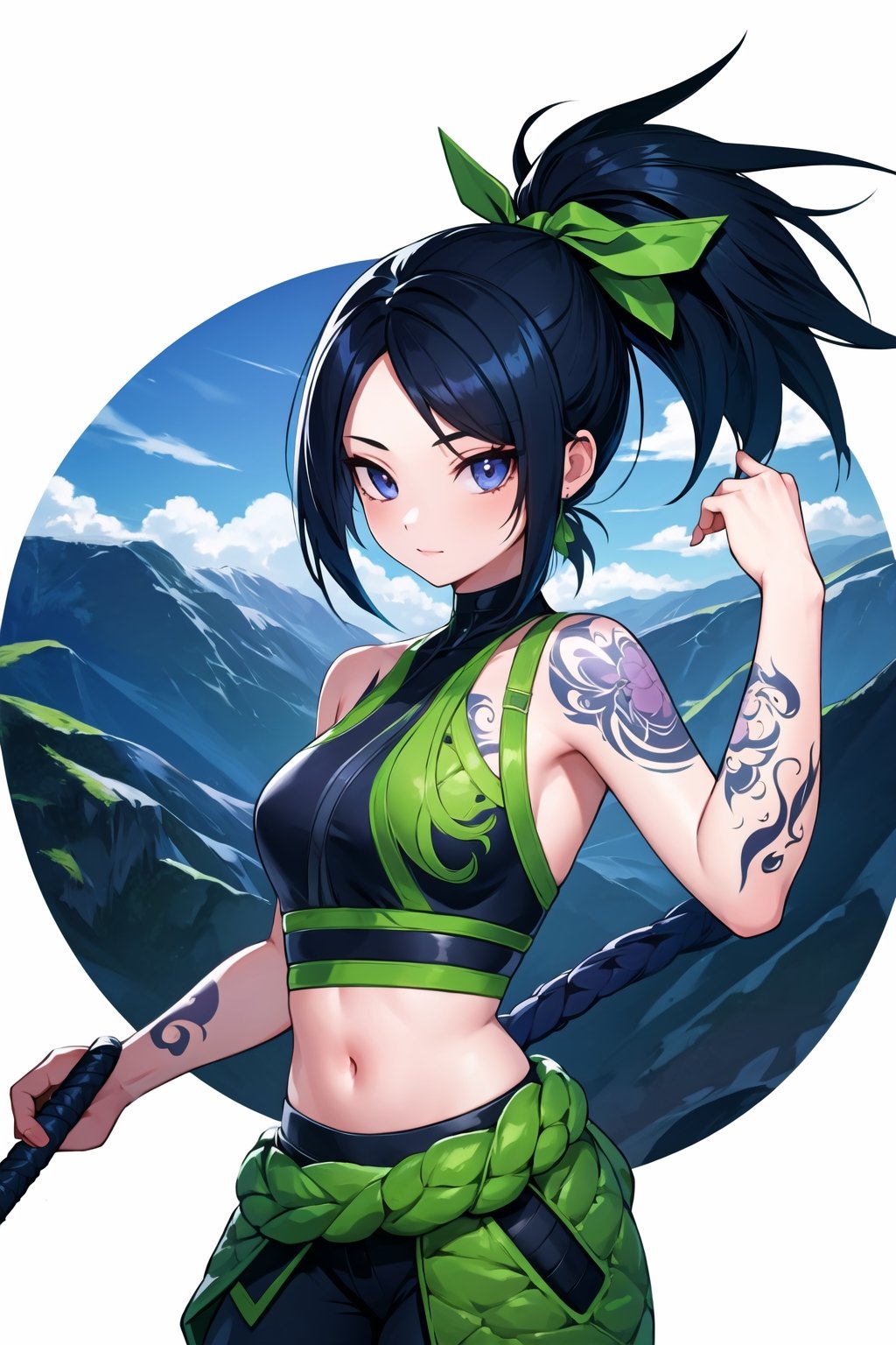 (masterpiece, best quality:1.2), intricate details , akali, 1girl, crop top, pants, hair ribbon, bare shoulders, ponytail, tattoo, black hair