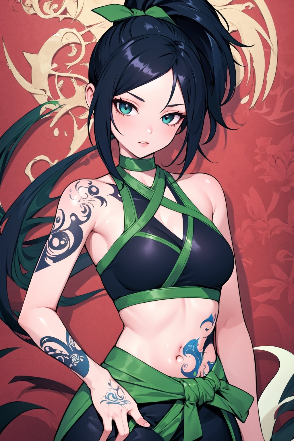 (masterpiece, best quality:1.2), intricate details , akali, 1girl, crop top, pants, hair ribbon, bare shoulders, ponytail, tattoo, black hair