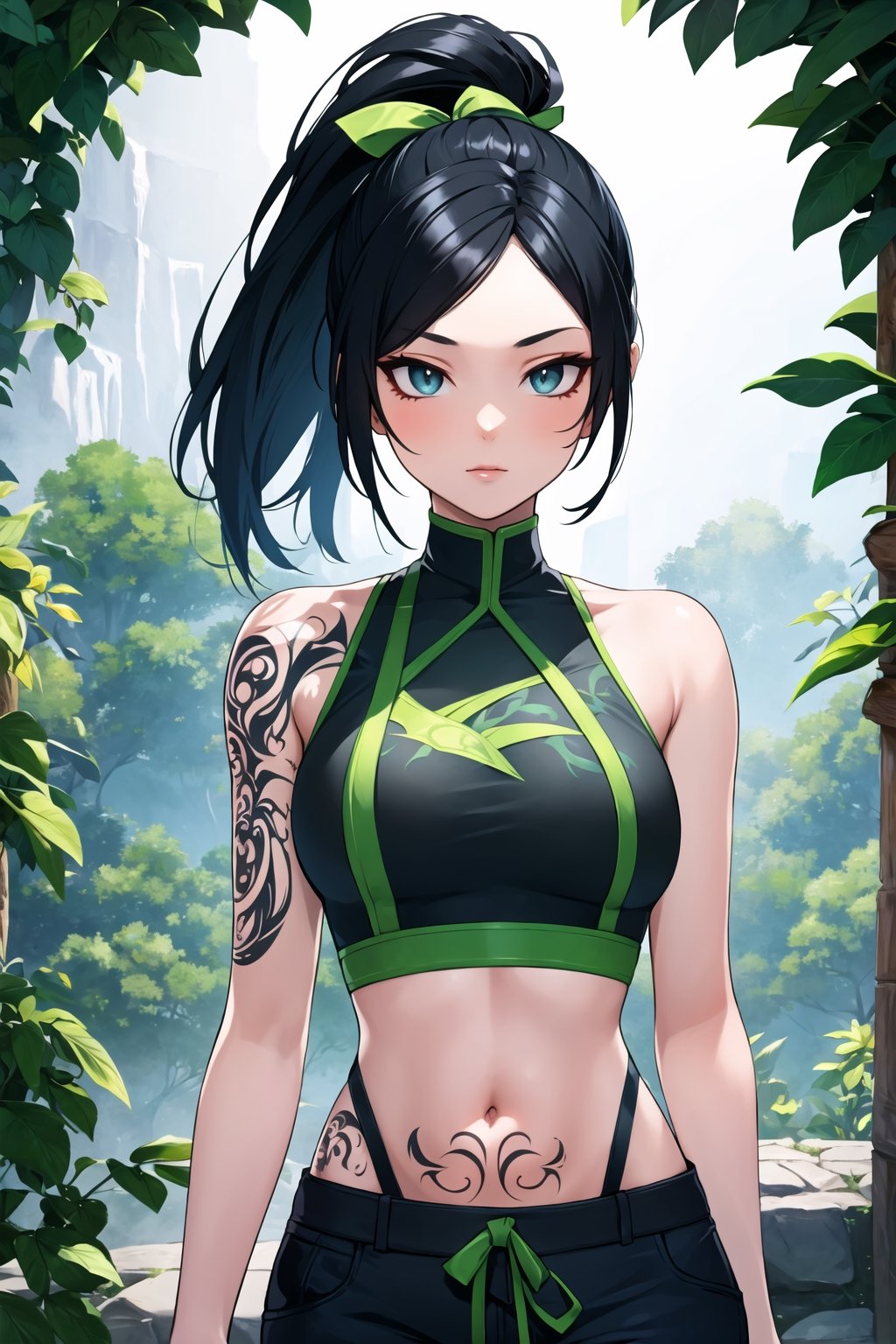 (masterpiece, best quality:1.2), intricate details , akali, 1girl, crop top, pants, hair ribbon, bare shoulders, ponytail, tattoo, black hair