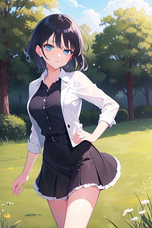 senran kagura \(style\), short_hair, black hair, (masterpiece), high quality, outdoors, grass, 1girl