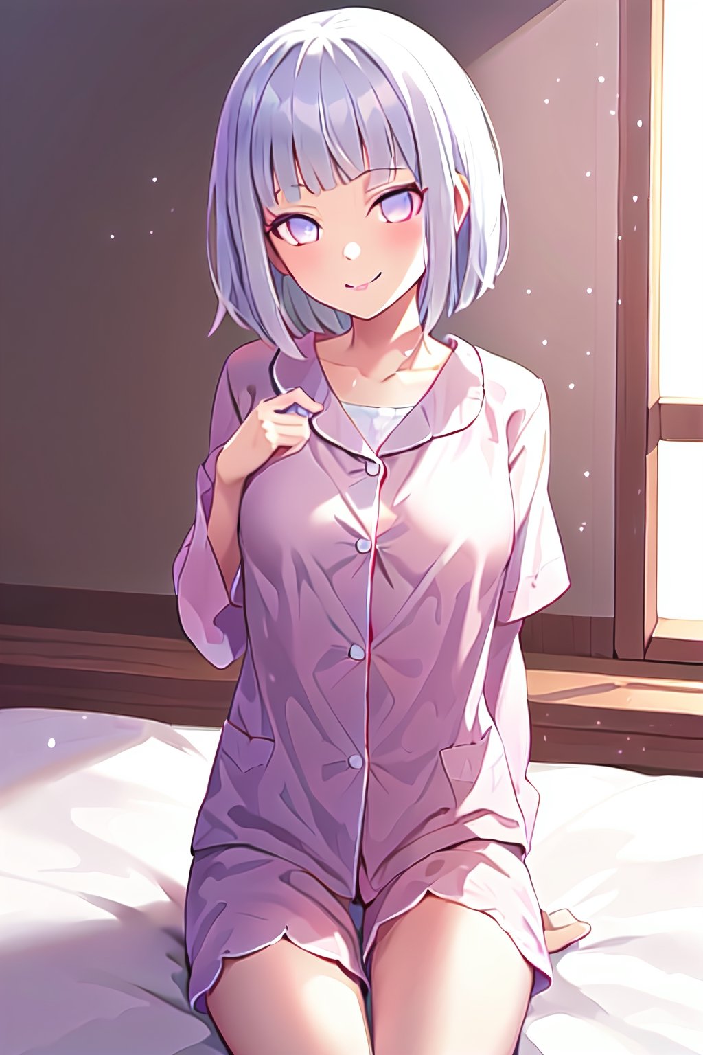 hinata, hyuuga_hinata, 1girl, bangs, (white_hair), blunt_bangs, red_eyes, highres, hime_cut, looking_at_viewer, smile, short-hair, loli, short_pajama