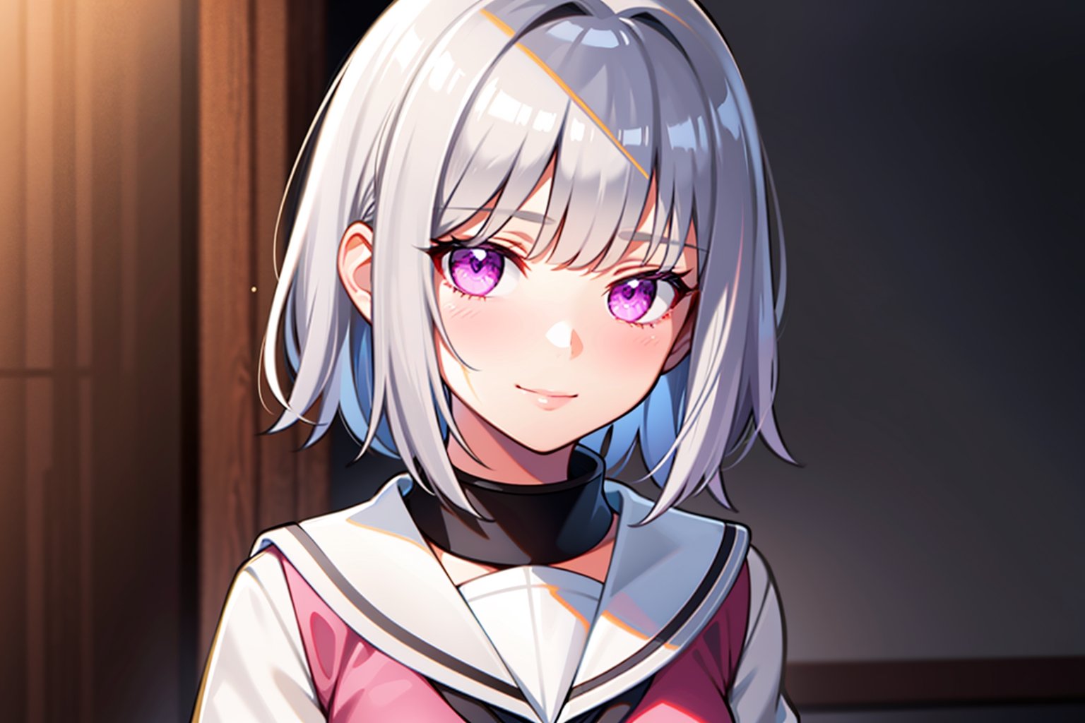 Masterpiece, Masterpiece, 1 girl, ((short white hair)), pink eyes, empty eyes, seifuku, hinata, loli, innocent smile, hinata, small_breasts, 