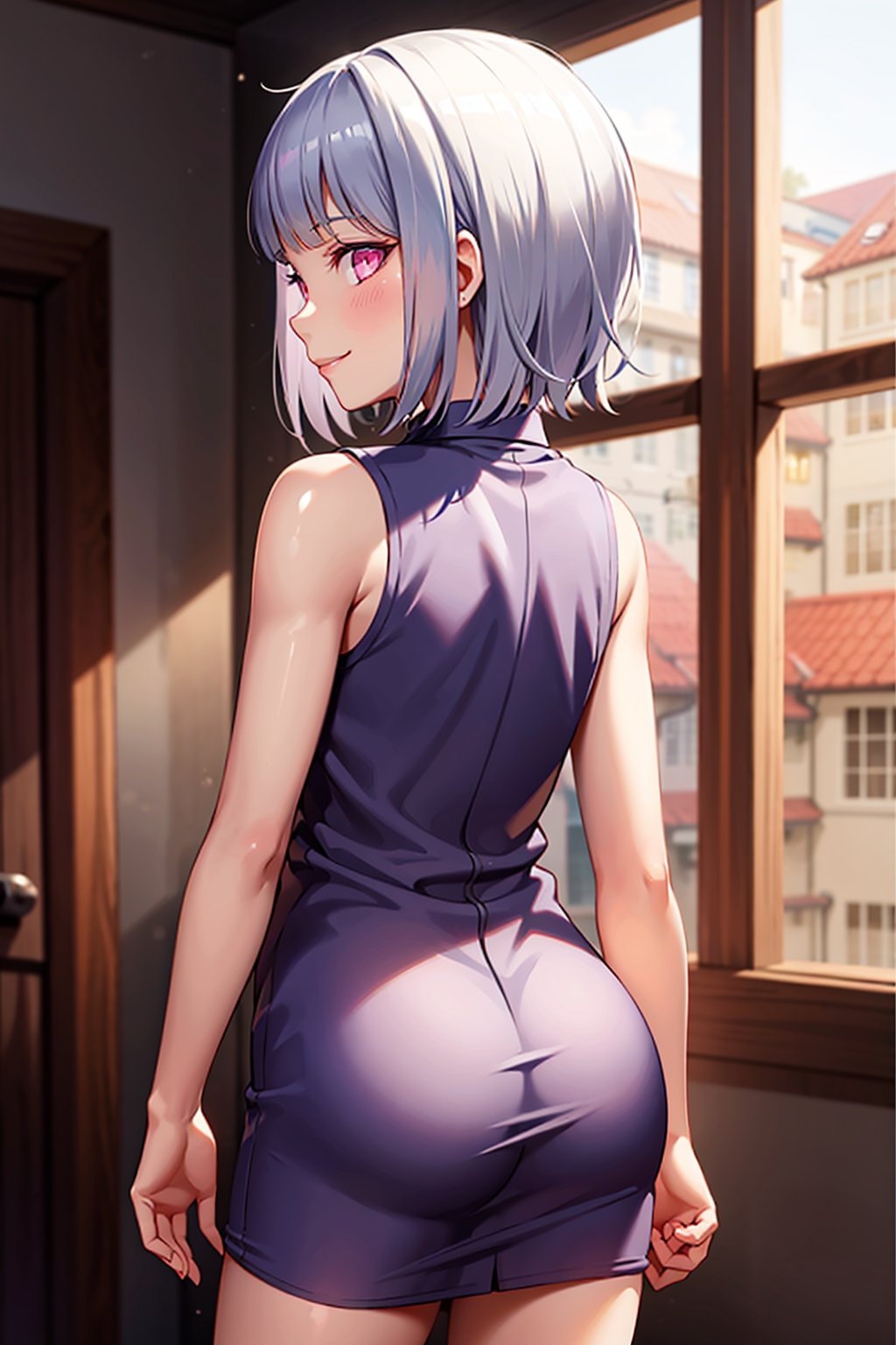 Masterpiece, 1 girl, ((short white hair)), pink eyes, wearing a sleeveless kimono, confident smile,hinata, loli, back view, innocent smile