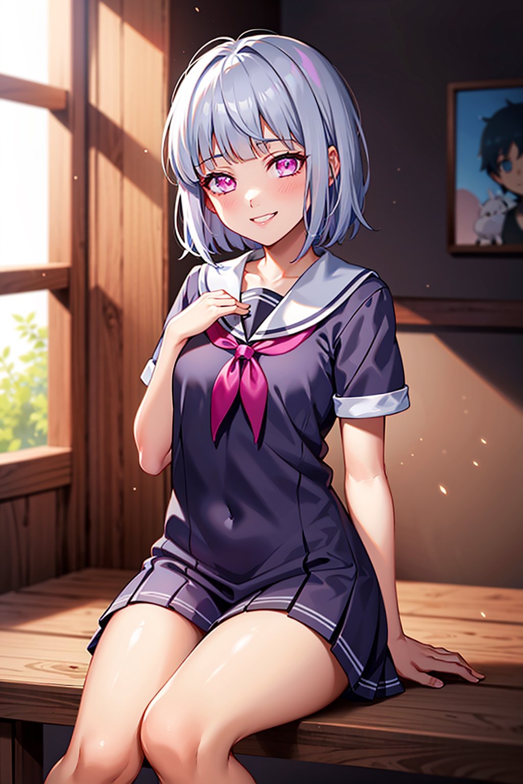 Masterpiece, Masterpiece, 1 girl, ((short white hair)), pink eyes, seifuku, hinata, loli, innocent smile, hinata, small_breasts, 