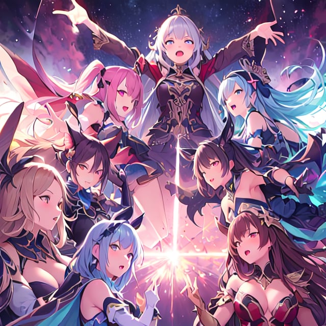 8+ girls, multiple colored hairs, fantasy clothes, pc game heroines, game op, anime op, opening title, title call, super disgust glaring, smug, open mouth, slant eyes, group shot, zoom camera, negative posing, from below
