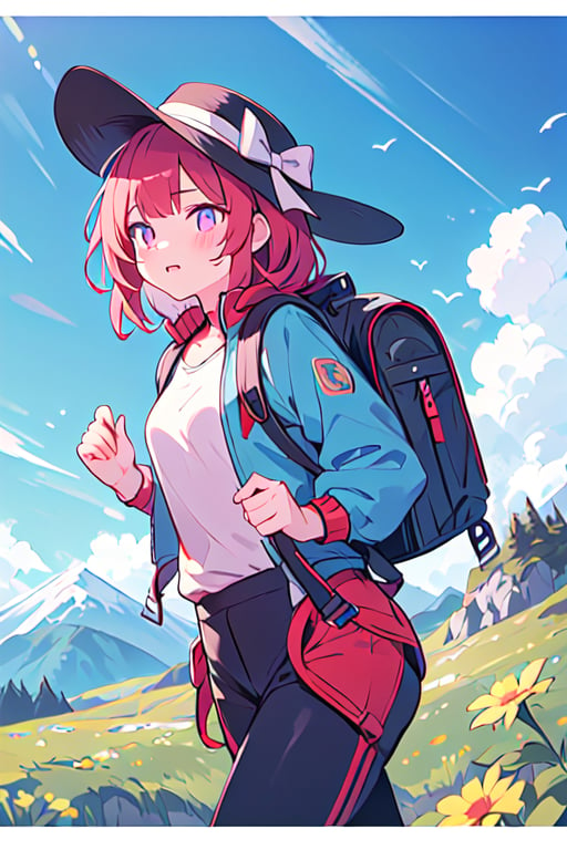 extremely detailed CG, 4K, ultra-detailed, beautiful detailed face and eyes,detailed face skin, cinematic lighting, (perfect anatomy:1.3),cute illustration,cute illustration, high-res, ultra-detailed, beautiful detailed eyes,1girl,solo, small breasts, purple eyes, blush, bow, red hair. medium hair, mountaineering hat,climbing clothes,windbreaker, carrying a backpack,alpine flowers, trail, mountain, cloud, blue sky,perfect lighting,