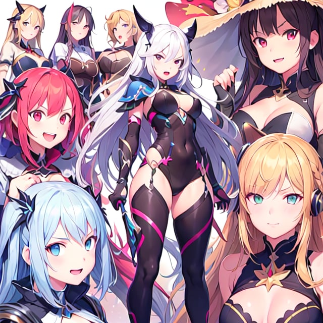 8+ girls, multiple colored hairs, fantasy clothes, pc game heroines, game op, anime op, opening title, title call, super disgust glaring, smug, open mouth, slant eyes, group shot, zoom camera, negative posing, from below
