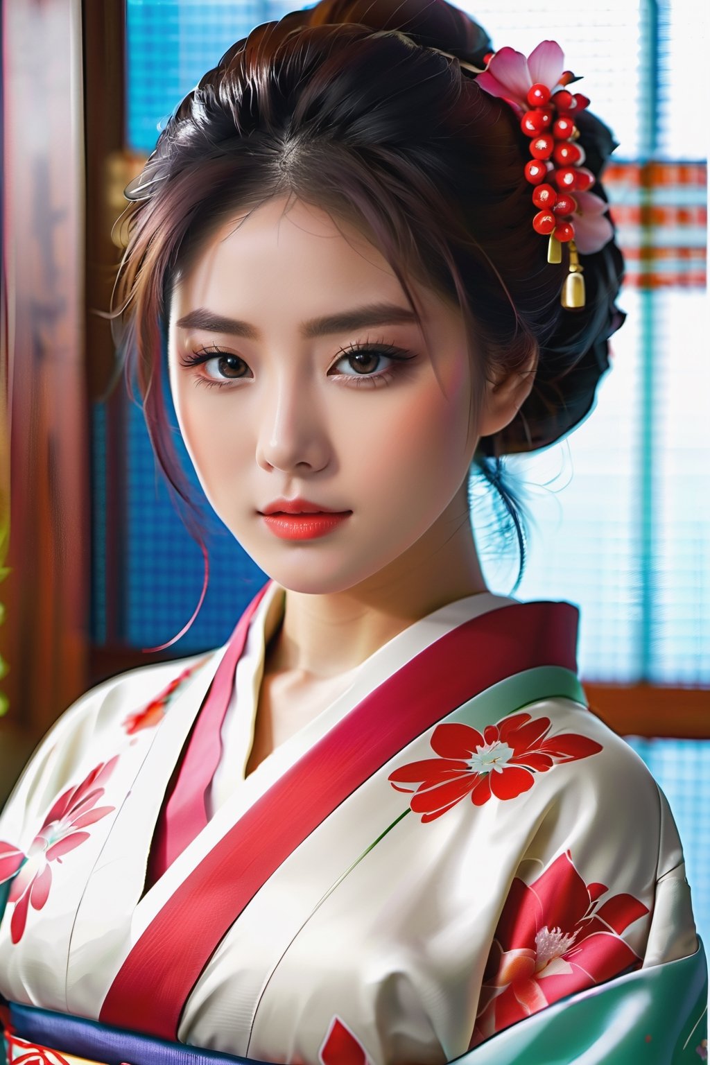 128k Female Models , Huge breasts, Eyes, ((Random Hair Styles)), High resolution , Upper body, No background, Studio Lightning , Beautiful Girl, Wearing kimono, Japan style, Sharaku,Portrait of a woman,her breasts visible.,It will be centered on the image, Some Japan effects and decorations scattered throughout the photo