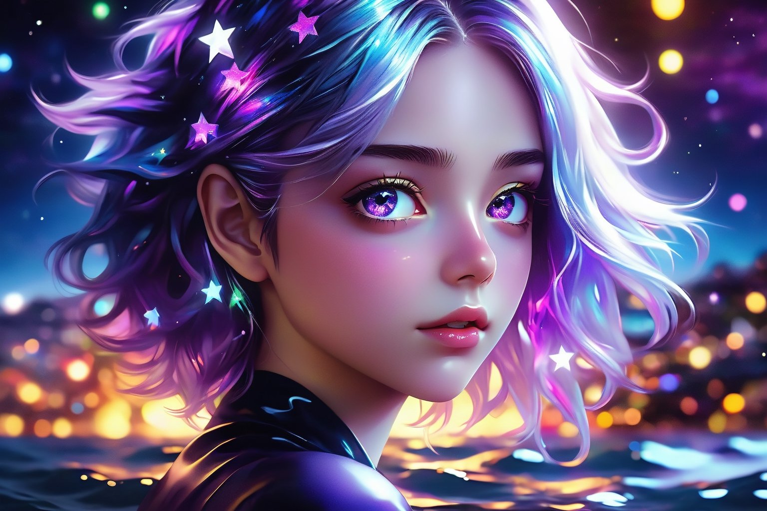 masterpiece, best quality, illustration, stars in the eyes,dishevelled hair,Starry sky adorns hair,1 girl,sparkling anime eyes,beautiful detailed eyes, beautiful detailed stars,blighting stars,emerging dark purple across with white hair,multicolored hair,beautiful detailed eyes,beautiful detailed sky, beautiful detailed water, cinematic lighting, dramatic angle,