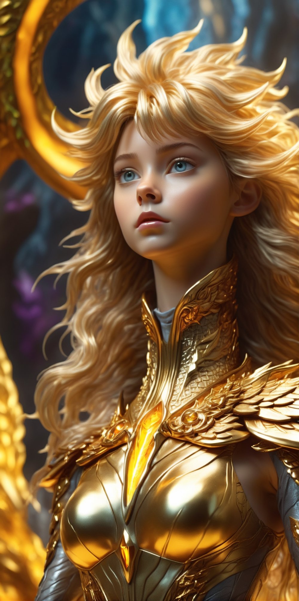 a dynamic wide shot showcasing the extraordinary athleticism of a teenage female superhero with lustrous golden hair, golden eyes. her skin-tight suit, crafted from flowing liquid gold, shimmers with rich textures, accentuating her powerful physique. the image is rendered in stunning 4k resolution, capturing every intricate detail with sharp focus. this photorealistic masterpiece combines elements of digital art and fantasy, reminiscent of the mesmerizing style seen in the iconic film, "the dark crystal." rich textures, wide shot, sharp focus, high detail, 4k, masterpiece, photo, digital art, fantasy, the dark crystal movie style, fantasy storybook illustration,full body,bare_legs,no socks cinematic, epic realism,8K, highly detailed, futuristic city, epic realism, surrealist style, fantastical, magical, unexpected, super detail, dreamy lo-fi photography, colorful,golden dragon