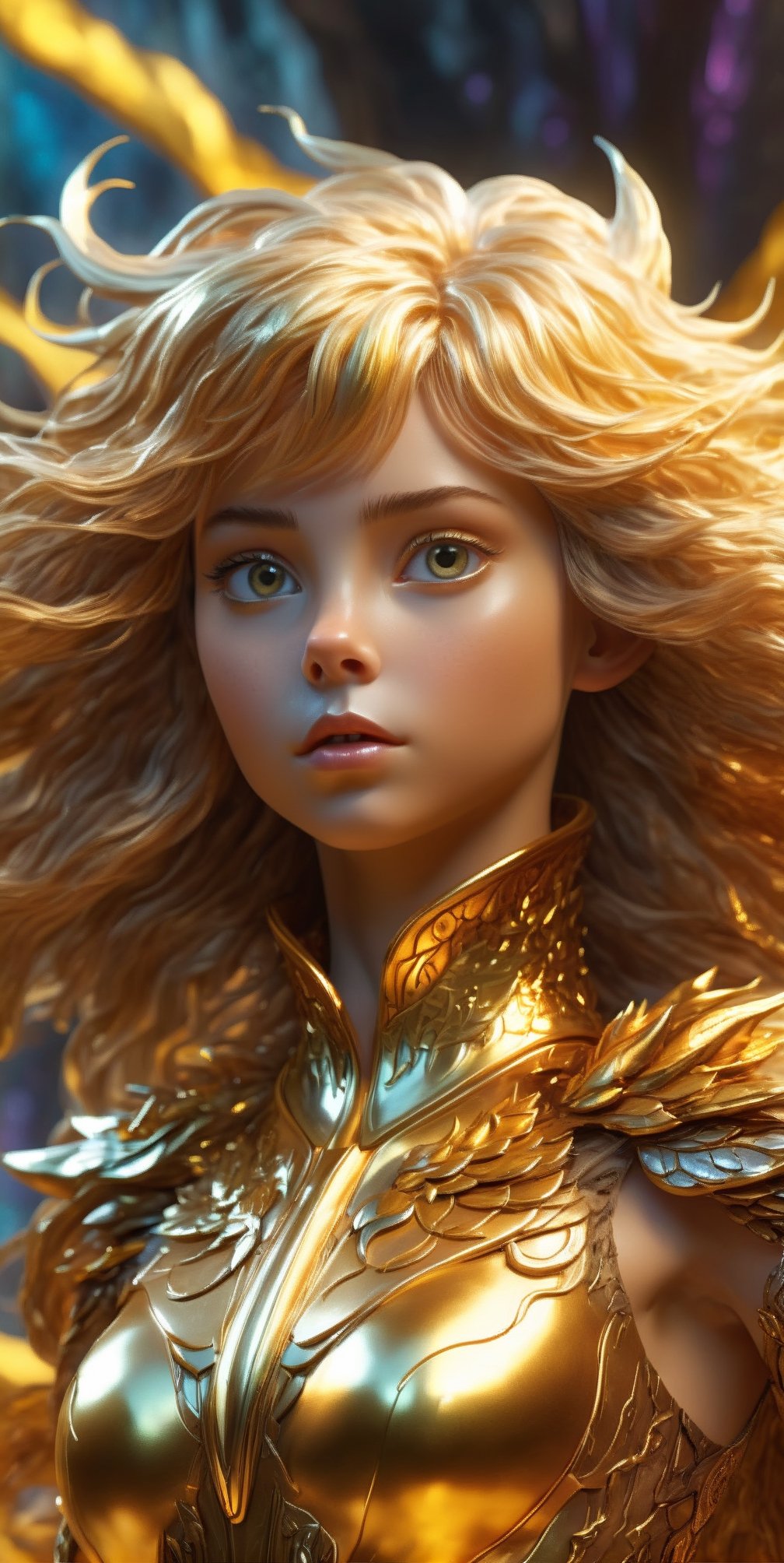 a dynamic wide shot showcasing the extraordinary athleticism of a teenage female superhero with lustrous golden hair, golden eyes. her skin-tight suit, crafted from flowing liquid gold, shimmers with rich textures, accentuating her powerful physique. the image is rendered in stunning 4k resolution, capturing every intricate detail with sharp focus. this photorealistic masterpiece combines elements of digital art and fantasy, reminiscent of the mesmerizing style seen in the iconic film, "the dark crystal." rich textures, wide shot, sharp focus, high detail, 4k, masterpiece, photo, digital art, fantasy, the dark crystal movie style, fantasy storybook illustration,full body,bare_legs,no socks cinematic, epic realism,8K, highly detailed, futuristic city, epic realism, surrealist style, fantastical, magical, unexpected, super detail, dreamy lo-fi photography, colorful,golden dragon