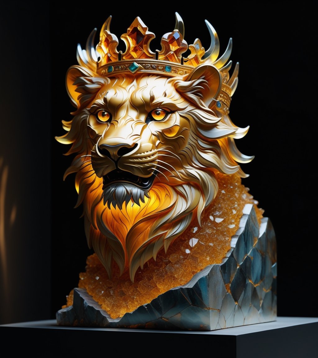 Made_of_pieces_broken_glass transparent sculpture,solo,lion,with a crown on his head, focus on a lion, glass,crack,broken glass,amber light, ,shards,dragon chinese