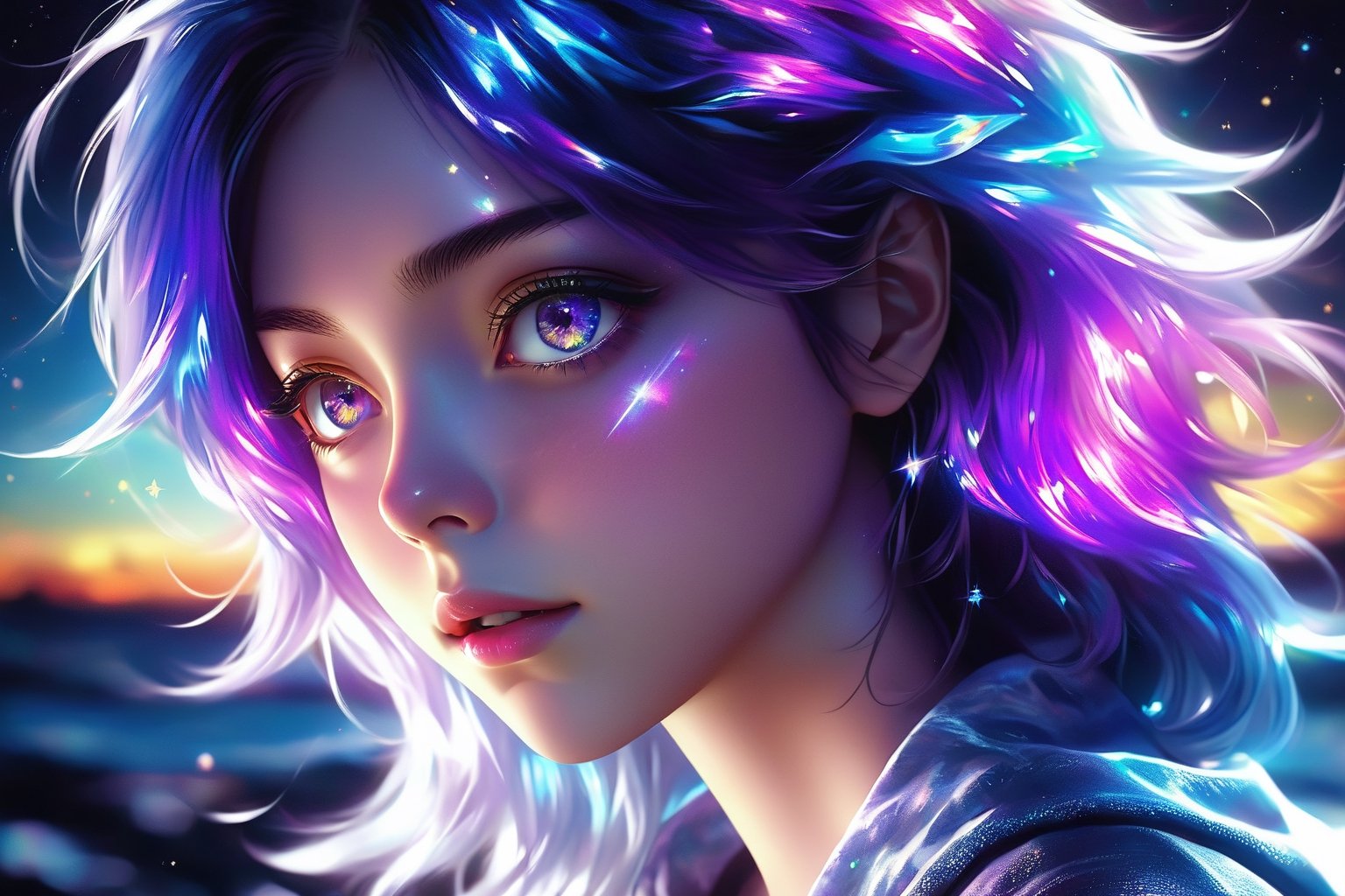 masterpiece, best quality, illustration, stars in the eyes,dishevelled hair,Starry sky adorns hair,1 girl,sparkling anime eyes,beautiful detailed eyes, beautiful detailed stars,blighting stars,emerging dark purple across with white hair,multicolored hair,beautiful detailed eyes,beautiful detailed sky, beautiful detailed water, cinematic lighting, dramatic angle,