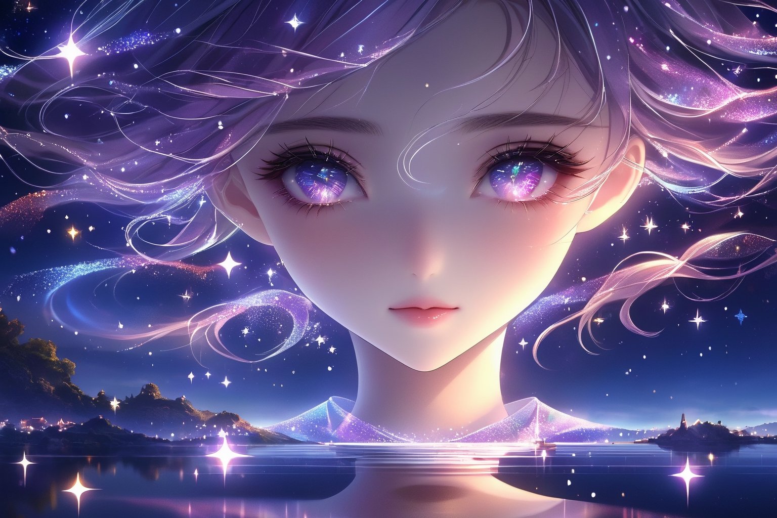 masterpiece, best quality, illustration, stars in the eyes,dishevelled hair,Starry sky adorns hair,1 girl,sparkling anime eyes,beautiful detailed eyes, beautiful detailed stars,blighting stars,emerging dark purple across with white hair,multicolored hair,beautiful detailed eyes,beautiful detailed sky, beautiful detailed water, cinematic lighting, dramatic angle,minimalist hologram