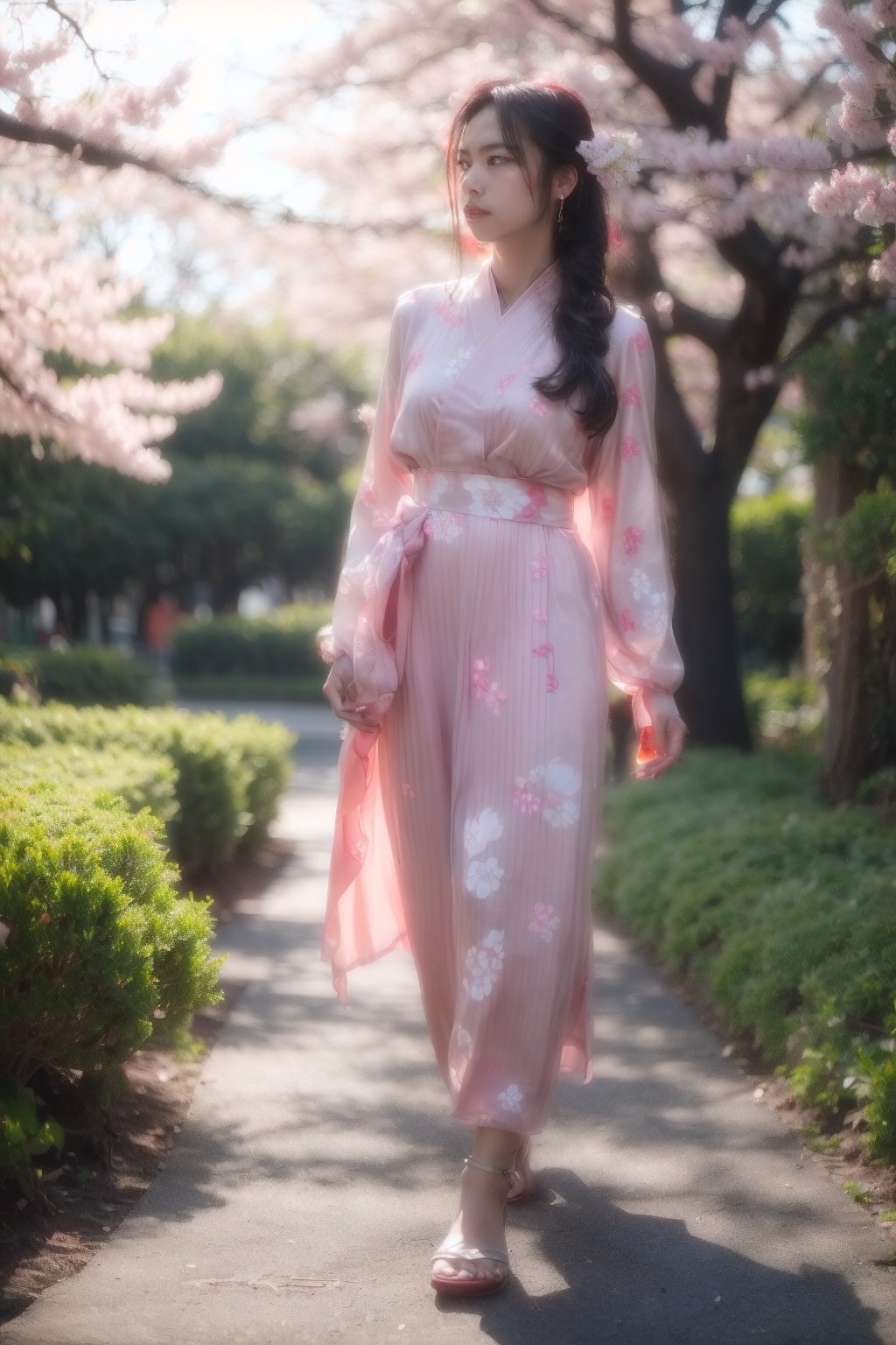 (realistic),(masterpiece:1.2), (best quality:1.2),looking at viewer,dramatic pose,(walking in sakura garden:1.2),golden hour,dim light,rim light,(sakura:1.2),
1girl,(pink sabai),(jewelry:1.2),long hair,(linekanok pattern:1.25)
,