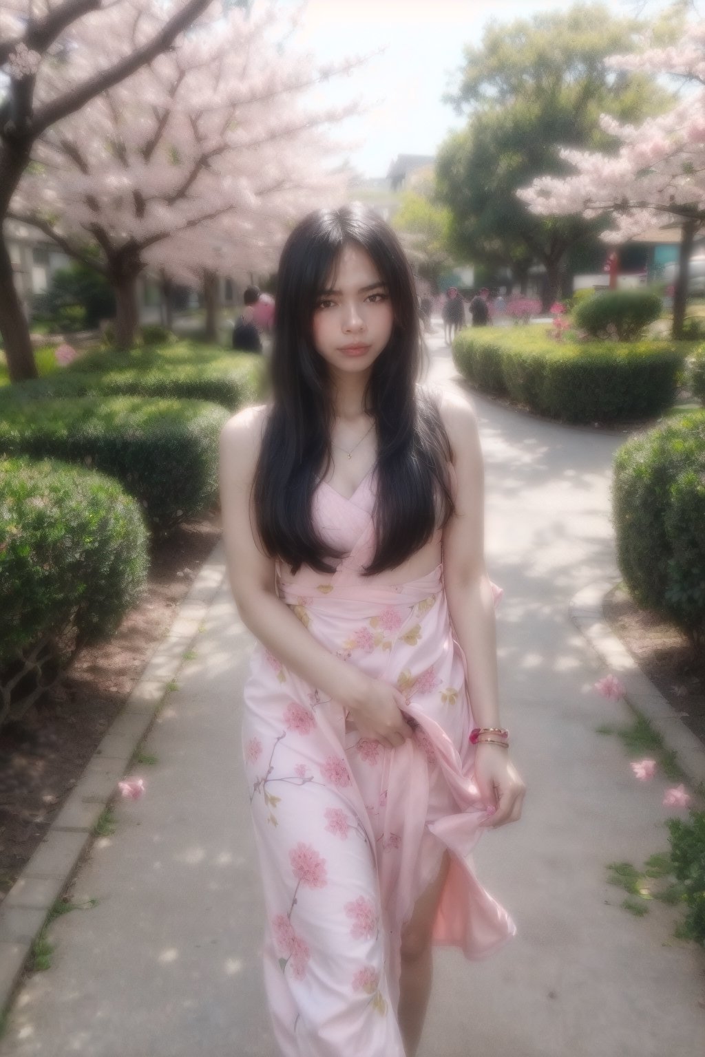 (realistic),(masterpiece:1.2), (best quality:1.2),looking at viewer,dramatic pose,(walking in sakura garden:1.2),golden hour,dim light,rim light,(sakura:1.2),
1girl,(pink sabai),(jewelry:1.2),long hair,(linekanok pattern:1.25)
,