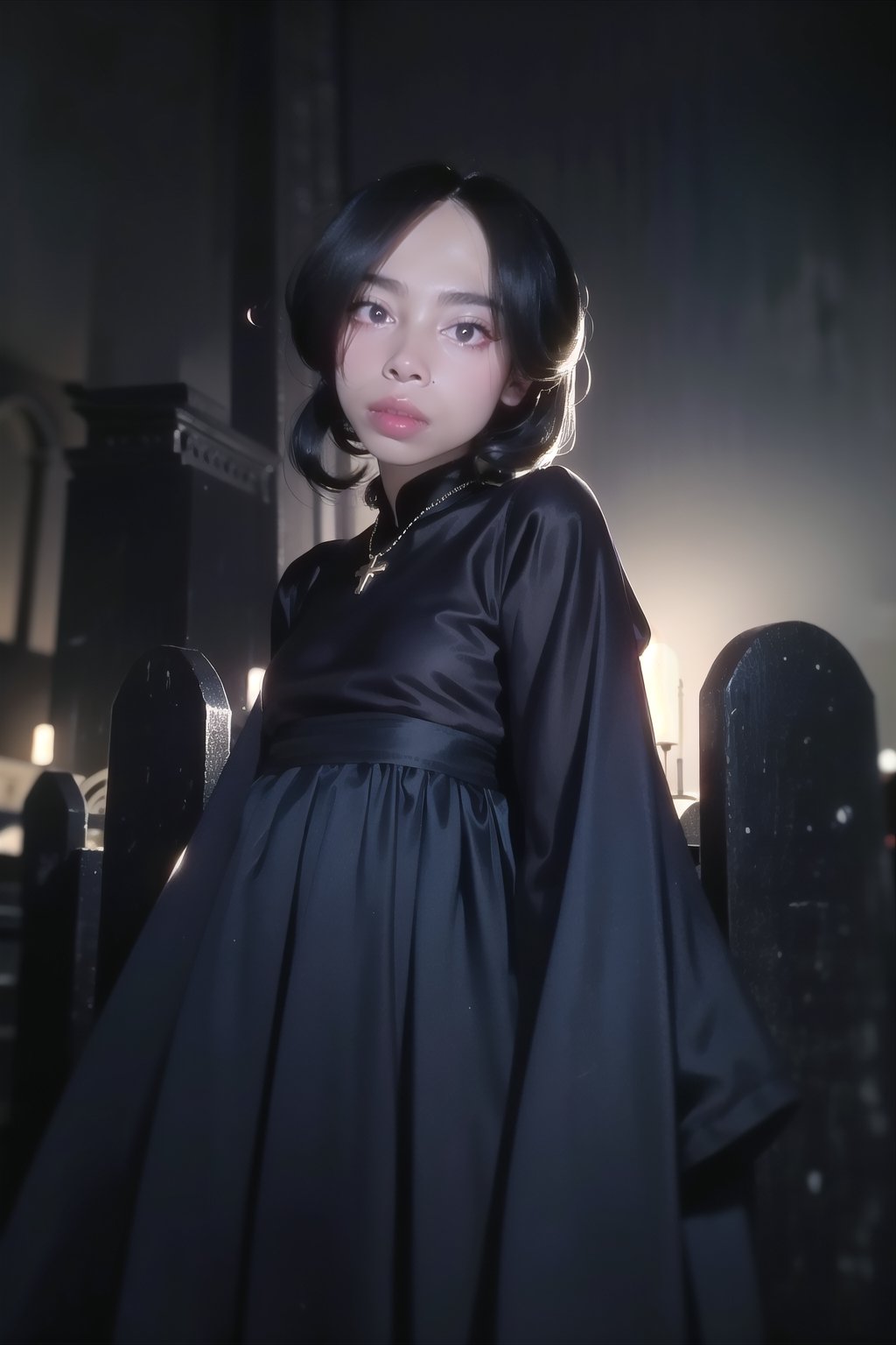 beautiful, film grain, 1girl, portrait of lolitagothic, long skirt, black dress, , ((best quality)), ((masterpiece)), ((realistic)), (detailed), dim light, bokeh, spookie night, blue fog, graveyard, cathedral,  orange light,lolitagothi,Nanaki Shinoda