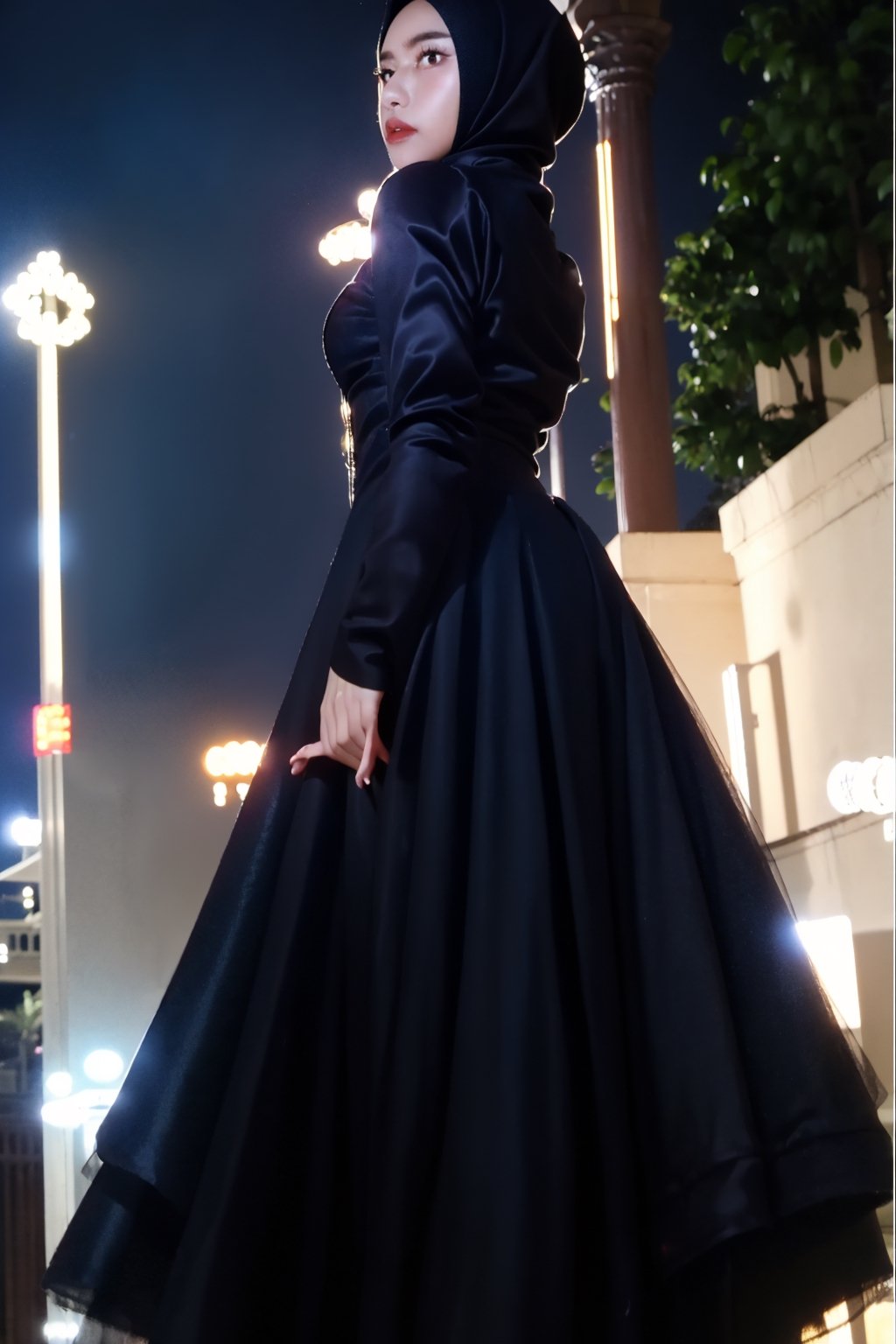 beautiful, film grain, 1girl, portrait of Hijab Girl, long skirt, black dress, , ((best quality)), ((masterpiece)), ((realistic)), (detailed), dim light, bokeh, arabian night, blue fog, graveyard, mosque,  orange light,Nanaki Shinoda, film grain, full_body:1.0,Hijab Girl