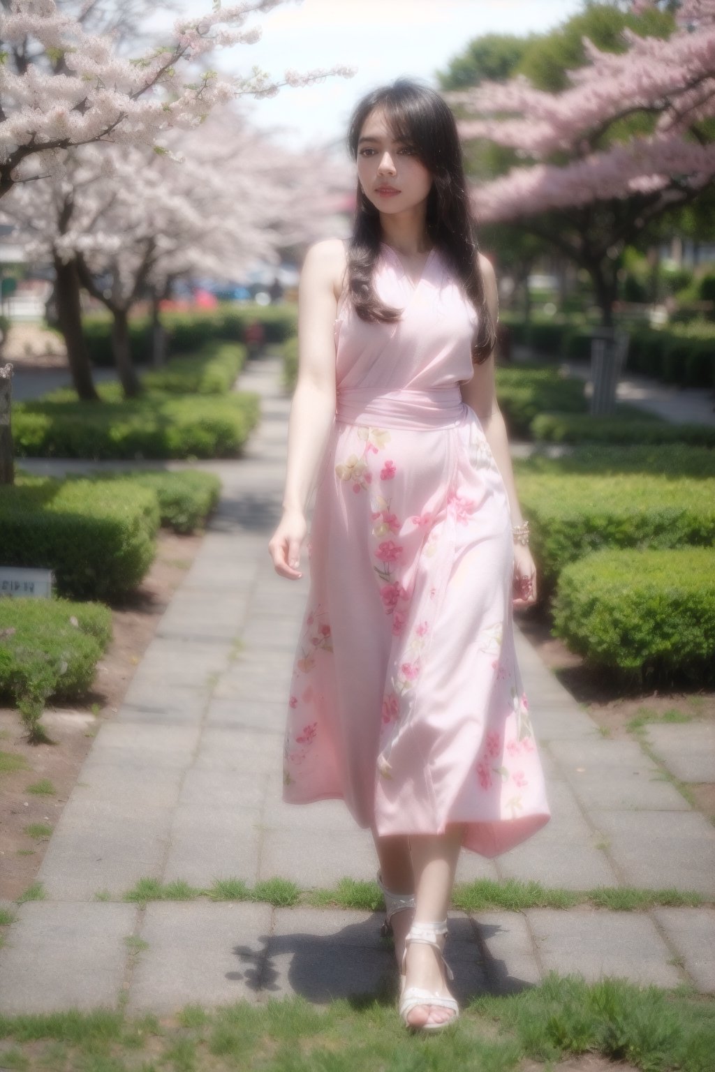 (realistic),(masterpiece:1.2), (best quality:1.2),looking at viewer,dramatic pose,(walking in sakura garden:1.2),golden hour,dim light,rim light,(sakura:1.2),
1girl,(pink sabai),(jewelry:1.2),long hair,(linekanok pattern:1.25)
,