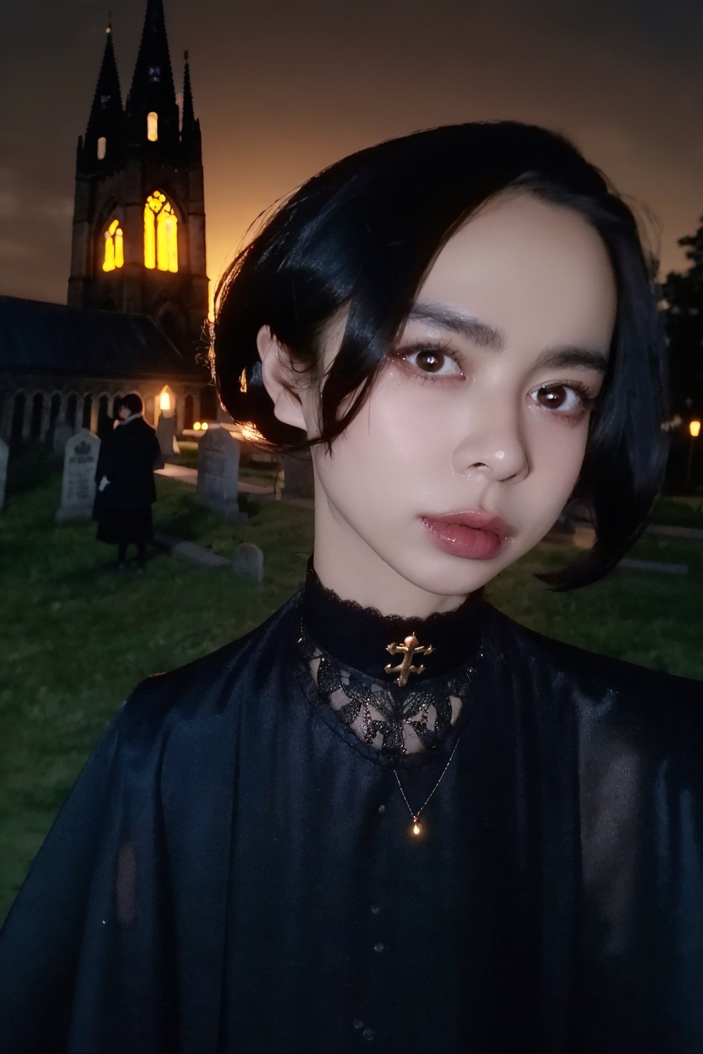 beautiful, film grain, 1girl, portrait of lolitagothic, long skirt, black dress, , ((best quality)), ((masterpiece)), ((realistic)), (detailed), dim light, bokeh, spookie night, blue fog, graveyard, cathedral,  orange light,lolitagothi,Nanaki Shinoda, film grain