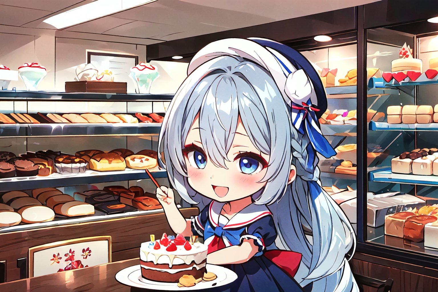 night, (dark environment), Highly detailed, High Quality, Masterpiece, beautiful, solo, 1girl, (chibi:1.2), bakery, bread, cake, cookies, display case, cupcakes, icing, sweet aroma, glass counter, :D, kamishirasawa keine, bow, blue hair, white hair, hair between eyes, shirt, neckerchief, blue dress, ribbon, collarbone, bangs, multicolored hair, upper body, two-tone hair, long hair, blue headwear, grey hair, short sleeves, hat, dress, red eyes puffy short sleeves, blue eyes, puffy sleeves, very long hair