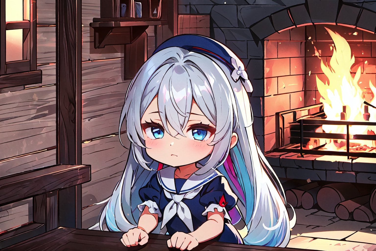 night, (dark environment), Highly detailed, High Quality, Masterpiece, beautiful, solo, 1girl, (chibi:1.2), cabin, wood, stacks of wood, fireplace, crackling fire, rustic charm, ;>, kamishirasawa keine, bow, blue hair, white hair, hair between eyes, shirt, neckerchief, blue dress, ribbon, collarbone, bangs, multicolored hair, upper body, two-tone hair, long hair, blue headwear, grey hair, short sleeves, hat, dress, red eyes puffy short sleeves, blue eyes, puffy sleeves, very long hair