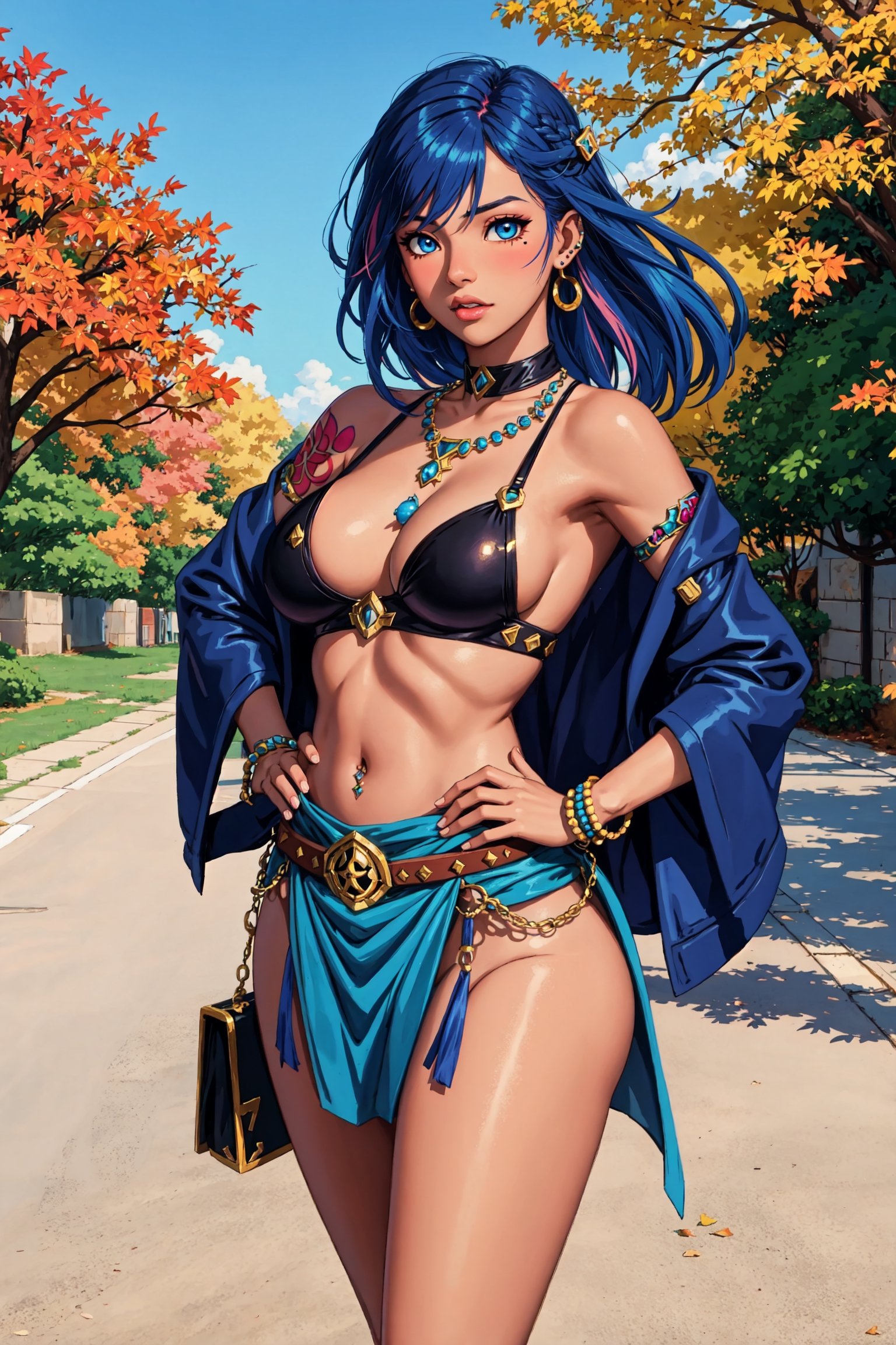 guweiz style, FFIXBG, (vi \(league of legends\):1.3), blushing, gauntlets, collarbone, nose piercing piercing, blue eyes, lips, jacket, facial tattoo, earrings, pink hair, long hair, tattoo, belt, armor, navel, bangs, alternate costume, jewelry, standing, upper body, red hair, ear piercing, short hair, 1girl, solo, (dark-skinned female, dark skin:1.3), long hair, egyptian clothes, hands on hips, jewelry, breasts, egyptian, blue eyes, armlet, (thick thighs:1.2), looking at viewer, standing, pelvic curtain, sandals, full body, bare shoulders, hair between eyes, closed mouth, multicolored hair, bracelet, day, shiny skin, sidelocks, no panties, shiny, earrings, bangs, two-tone hair, outdoors, sideboob, thighs, sky, blue hair, anklet, blue sky, (Masterpiece, best quality:1.3), highly detailed, fantasy, hyperrealistic, best illustration, 8k, ffixbg, dynamic view, cinematic, ultra-detailed, full background, autumn leaves, orange trees, park, bench, trash can, leaves on ground, outdoors